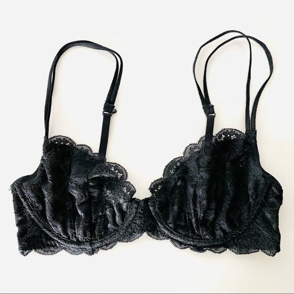 NEW VS VICTORIAS SECRET PINK Black Lace Unlined Demi Duo Strap Underwire Bra 34C - Picture 1 of 6